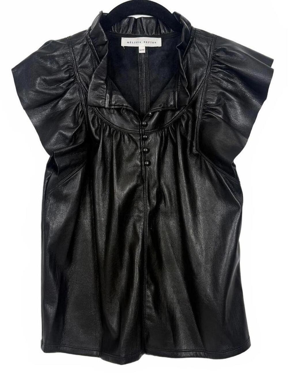 Melissa Nepton Nessah Black Faux Leather Flutter Sleeve Button Front Top Size XS